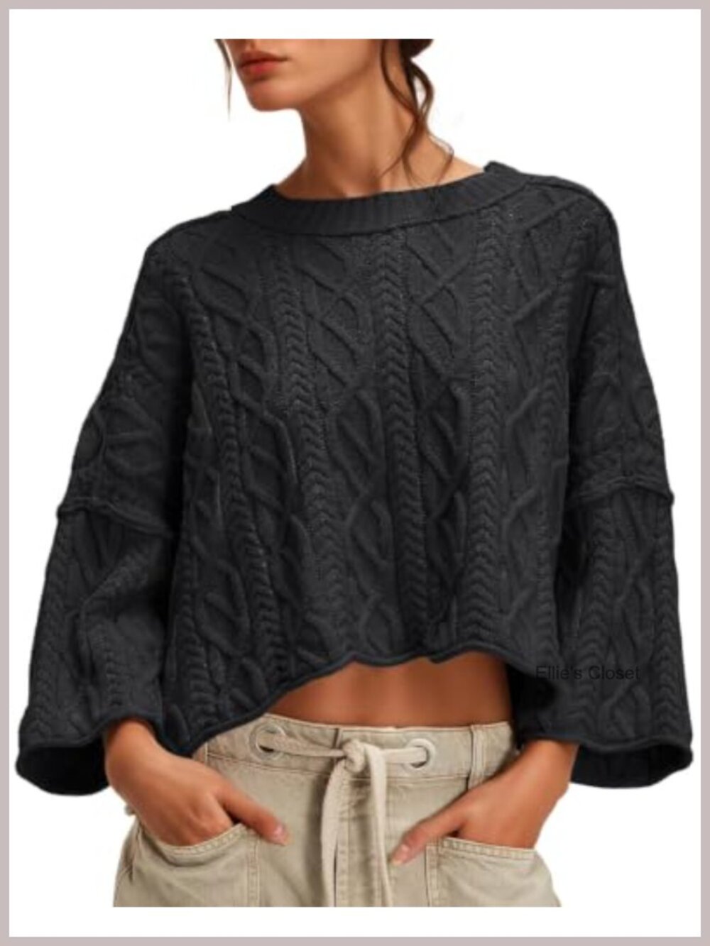 Cable Knit Cropped Sweater Oversized Long Sleeve Crew Neck Pullover